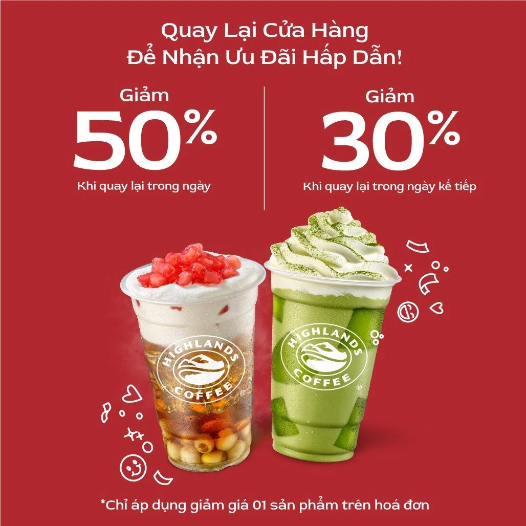 Quay lại cửa hàng: giảm 50% trong ngày, 30% ngày kế tiếp; áp dụng theo điều kiện trên ảnh